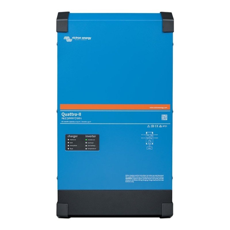 Batteria di accumulo blue Victron Energy Quattro-II, modello portatile, con pannello frontale e fascia arancione, base robusta nera. Batteria per impianti fotovoltaici. batteria di accumulo 5 kw quanto dura