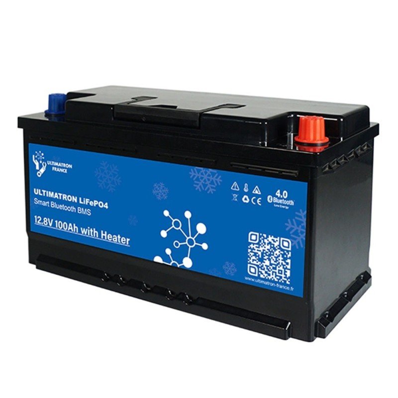 Batteria al piombo AGM da 12,8 V 100 Ah con etichetta blu, coperchio rosso/blu, marker di smart BMS e connettori ai capi, opzionale QR code.