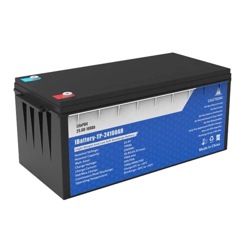 Una batteria al piombo sigillata con etichetta blu e polarità visibile (uterm) sul lato, modello LifeP04.