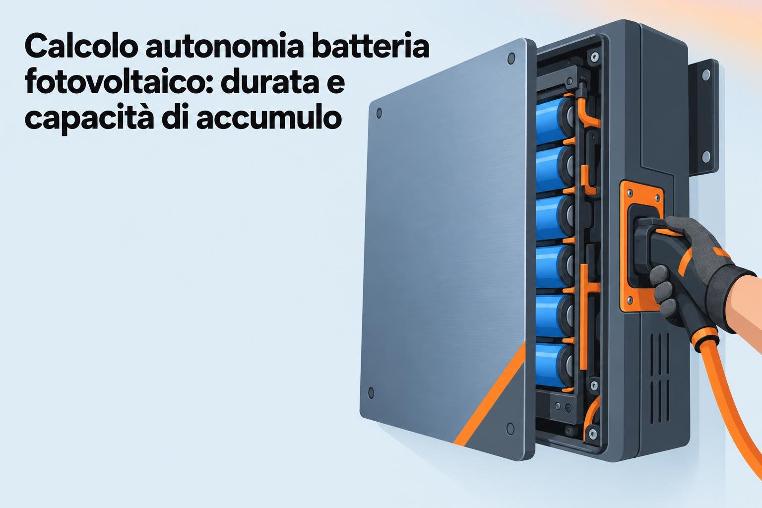 Calcolo autonomia batteria fotovoltaico: manuale di analisi mostra una batteria agli ioni/gas con cavi collegati, pronta per dimensionare capacità di accumulo.