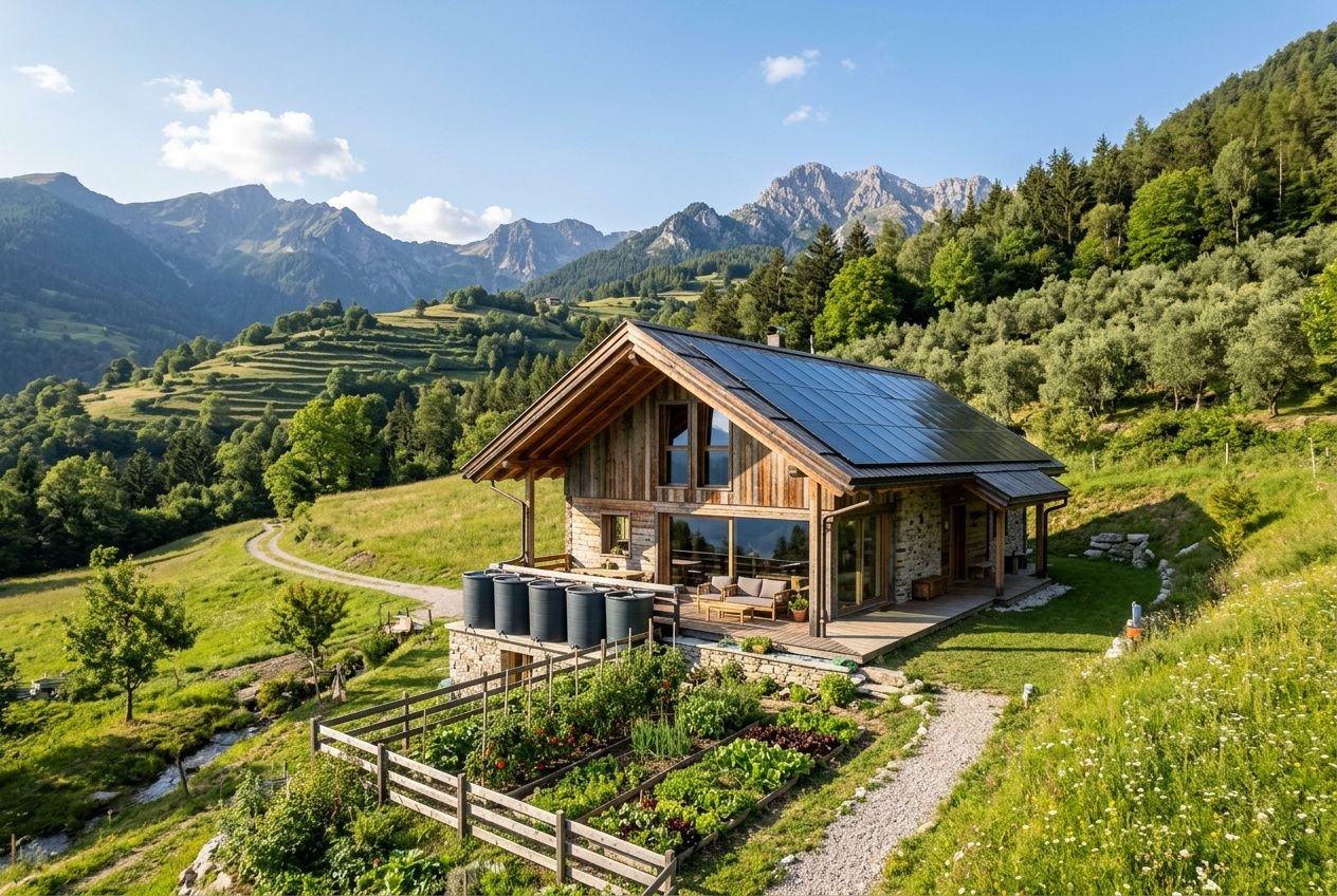 Casa completamente off-grid: baita in legno con tetto scuro su spiovente, circondata da colline e foreste, orto curato e serbatoi di raccolta, strada sterrata e aria di montagna.