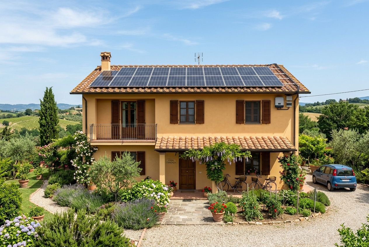 Casa singola con pannelli solari sul tetto, giardino fiorito e strada gravel; ambiente rurale e indipendenza energetica domestica evocate.