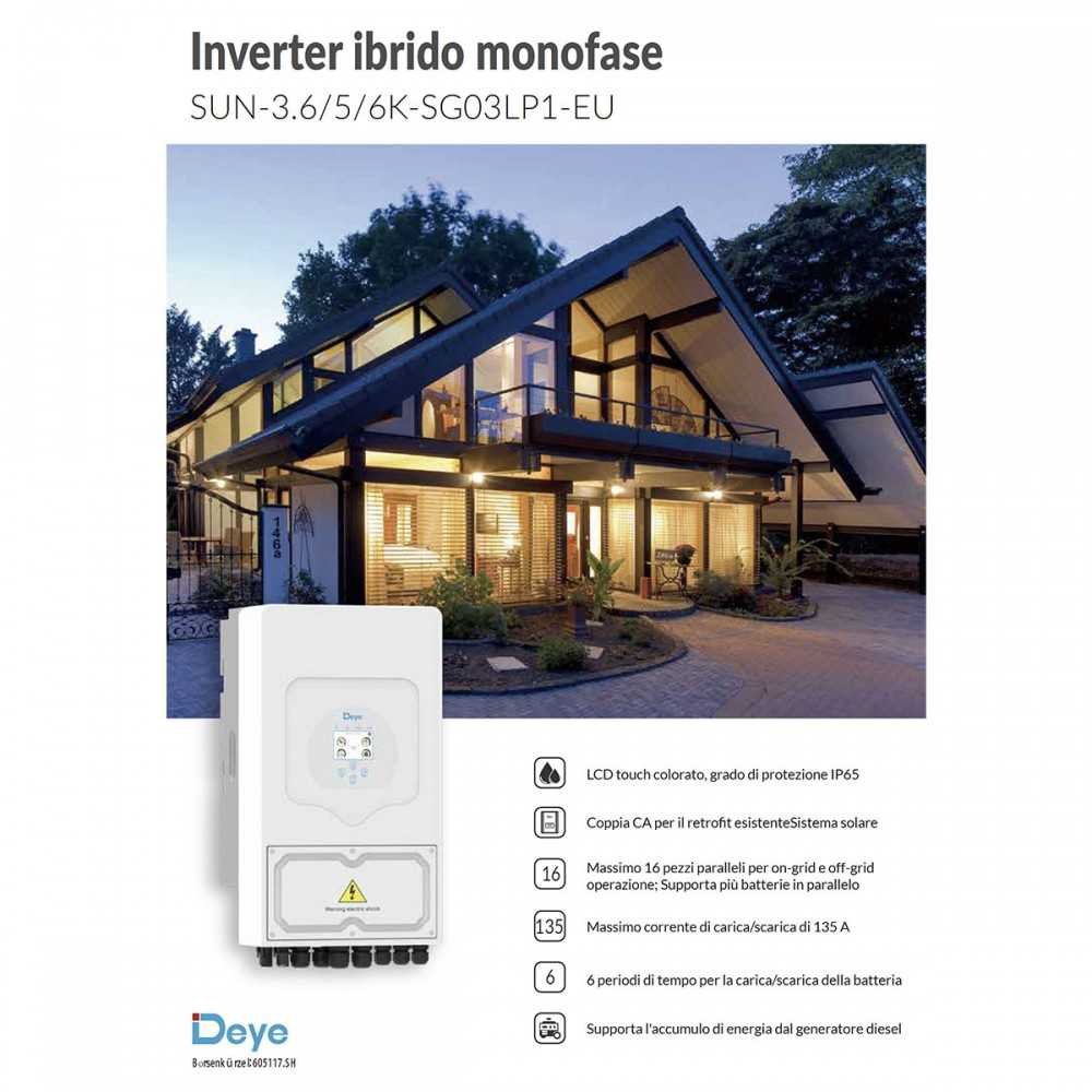 Configurazione inverter deye: immagine di inverter ibrido monofase sun-3.6/5/6K-SG03LP1-EU di fronte a una casa moderna, con specifiche su LCD touch e protezione IP65.