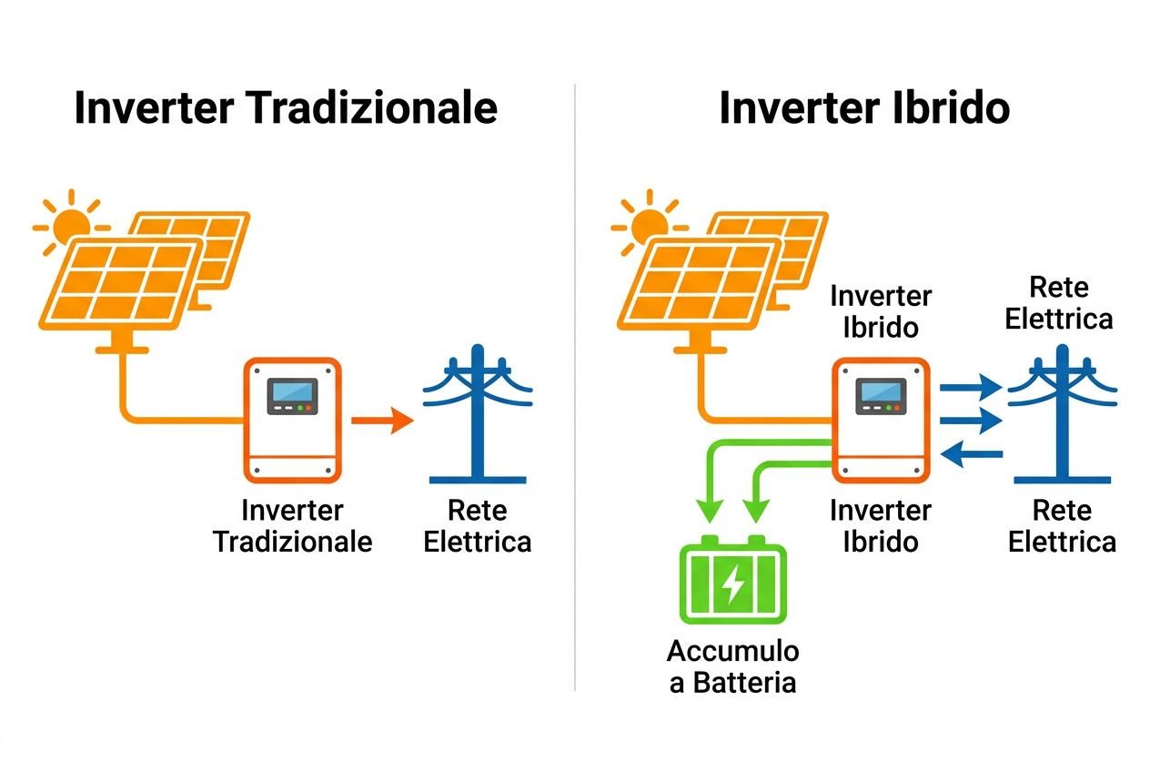 Diagramma confronto: inverter tradizionale vs. inverter ibrido; flusso energia solare, rete elettrica e accumulo batteria. Inverter ibrido come funziona.