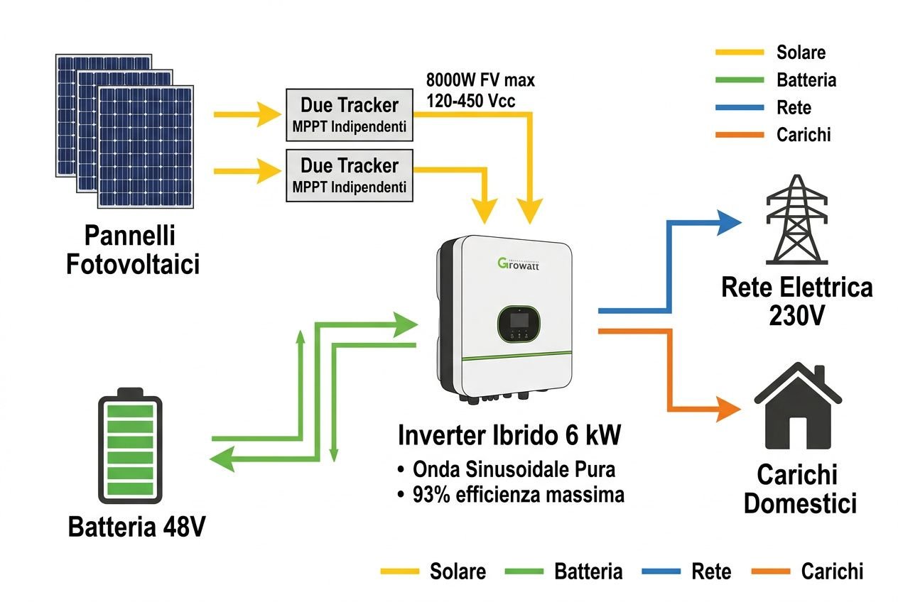 Diagramma di inverter ibrido 6 kW: pannelli fotovoltaici alimentano l’inverter insieme a una batteria 48V, che gestisce energia solare, accumulo e rete/domestico. Ingressi e uscite etichettati da colori.