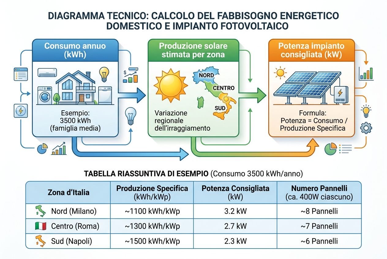 Diagramma tecnico sul calcolo del fabbisogno energetico domestico e impianto fotovoltaico, con tabella riassuntiva. Indipendenza energetica domestica in evidenza.