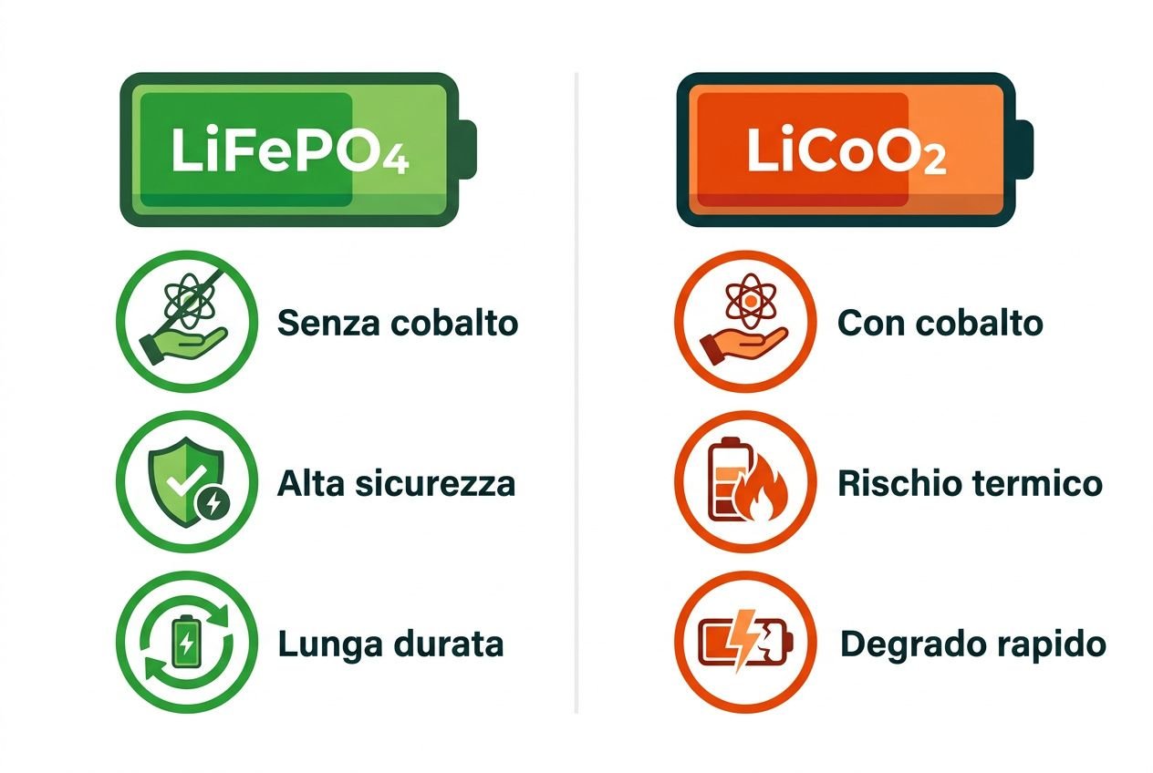 Immagine comparativa di due tipi di batteria: a sinistra LiFePO4 senza cobalto, alta sicurezza e lunga durata; a destra LiCoO2 con cobalto, rischio termico e degrado rapido.