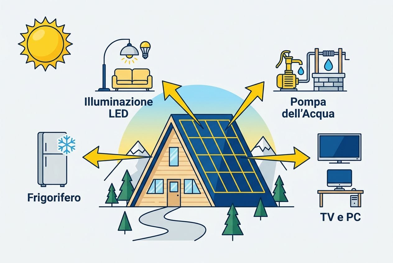 Immagine illustrativa di un impianto fotovoltaico off grid baita montagna: casa con tetto solare, lungo con frecce a indicare energia verso frigorifero, illuminazione LED, pompa dell’acqua, TV/PC, e spazi verdi circostanti.