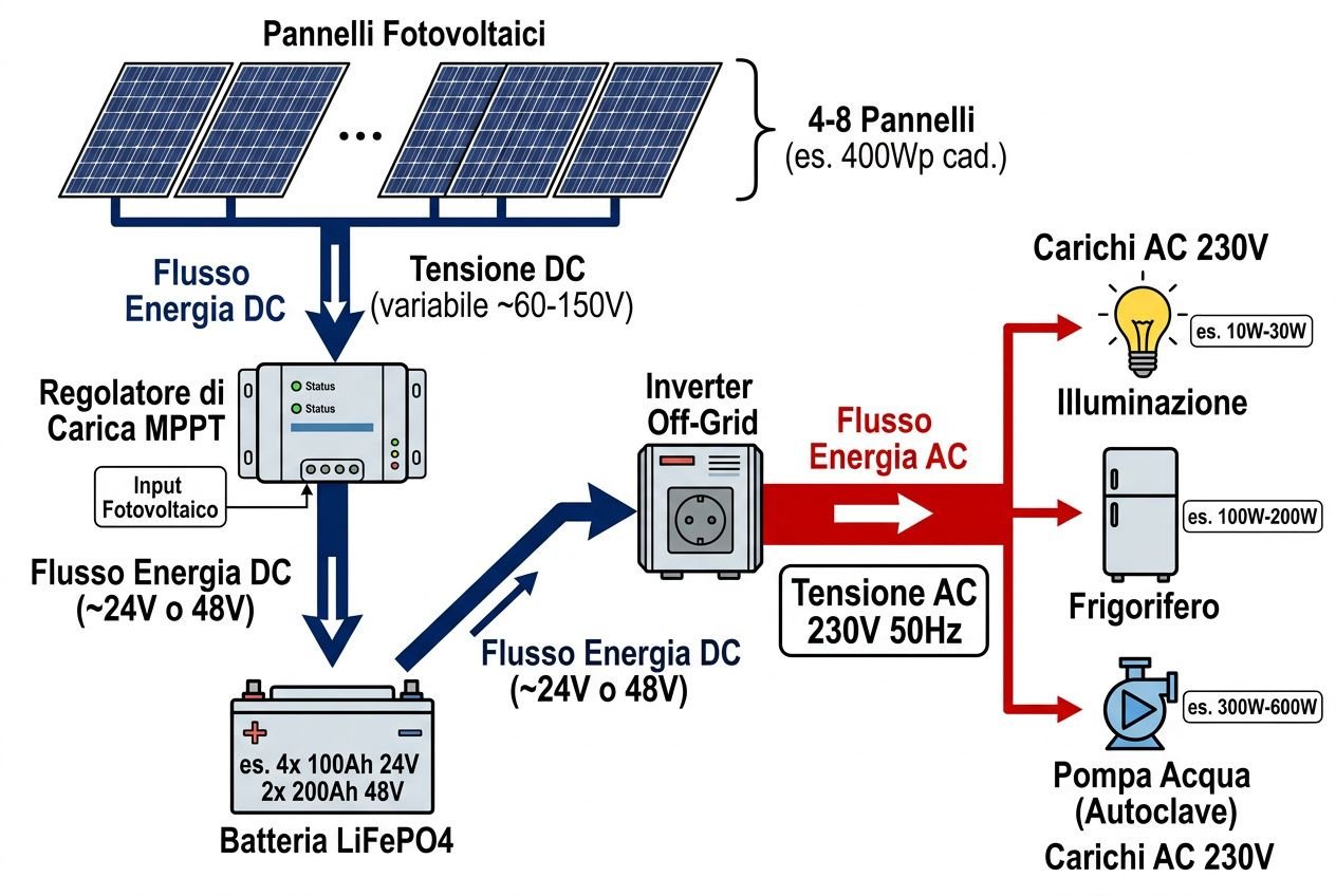 Immagine schematico di un impianto fotovoltaico off grid baita montagna con pannelli solari, regolatore MPPT, batteria LiFePO4, inverter off-grid e carichi in corrente alternata (AC) come illuminazione, frigorifero e pompa acqua.