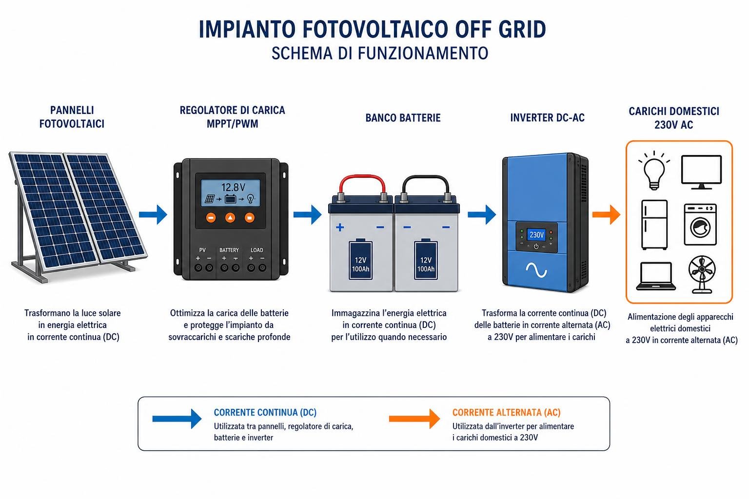Impianto fotovoltaico off grid: descrizione del sistema in funzionamento per l’autosufficienza energetica domestica.