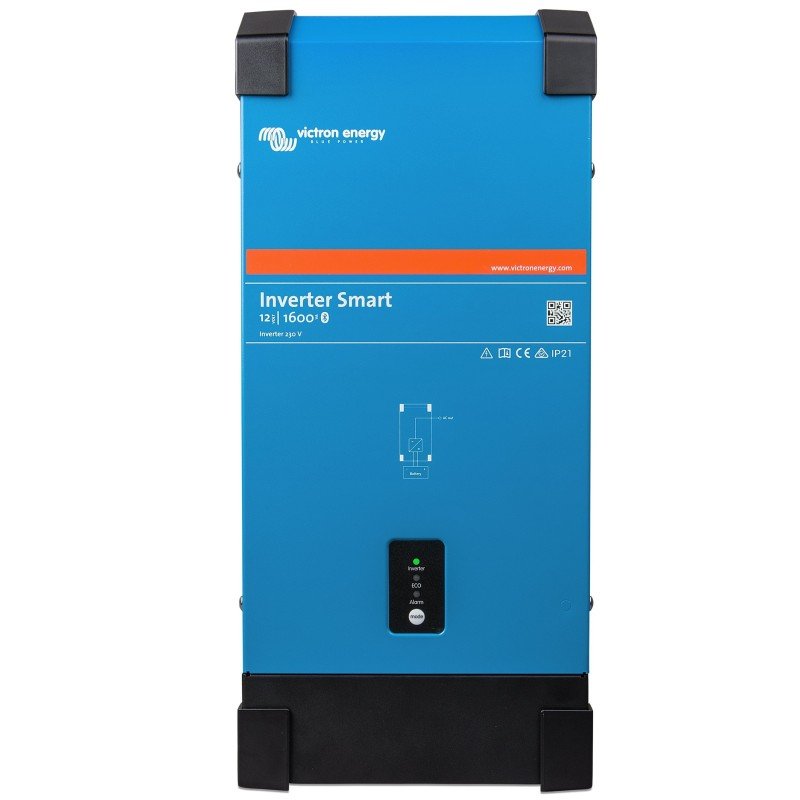 Inverter blu verticale con cornice nera, etichetta arancione e indicatore luminoso al centro, usato per l’impianto in barca.