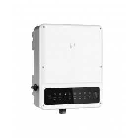 Inverter fotovoltaico compatto bianco con pannello di controllo nero e pulsanti, pronto per installazione domestica.