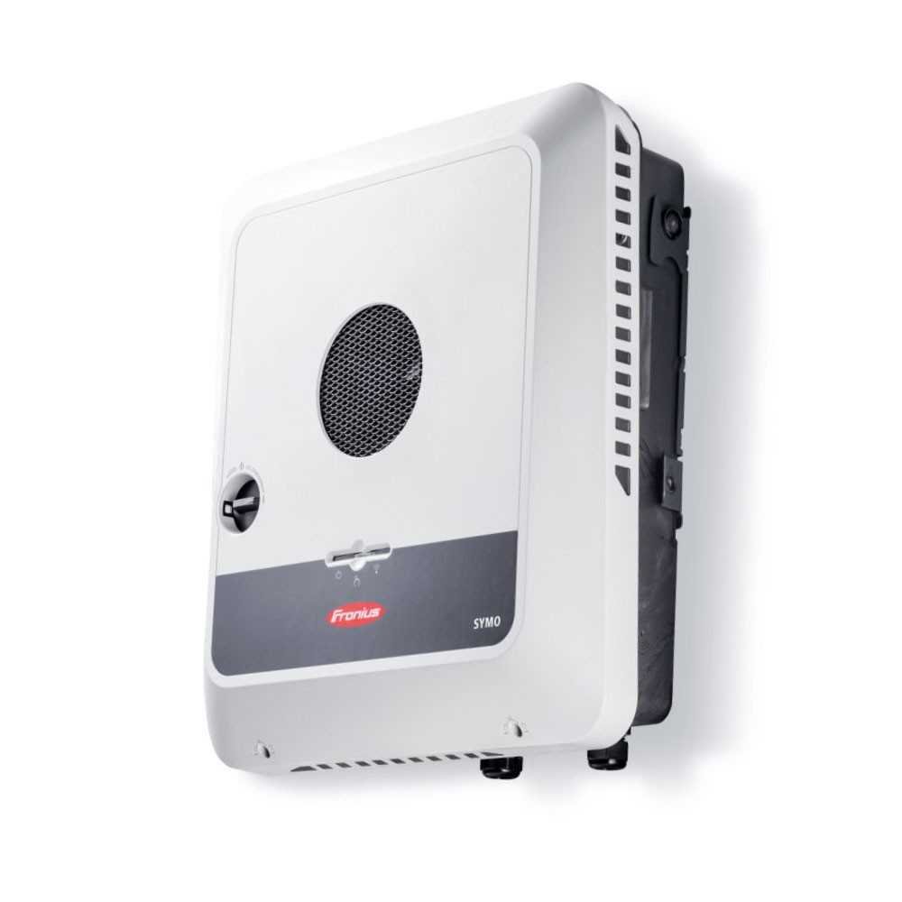 Inverter fotovoltaico ibrido Fronius SYMO, bianco, compatto con ventose sul lato e superficie liscia, progettato per sistemi solari.