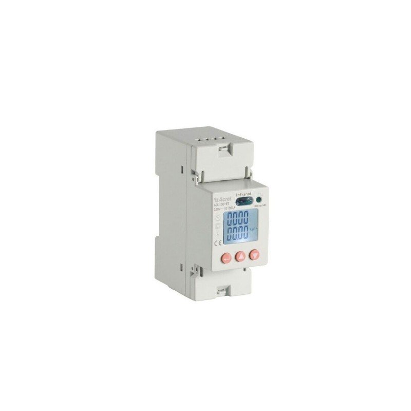 Misuratore di energia elettrica a microinterruttore visto frontalmente su sfondo bianco.