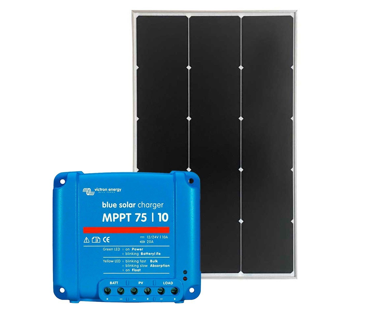 Modulo fotovoltaico esposto accanto a un caricatore solare blu.