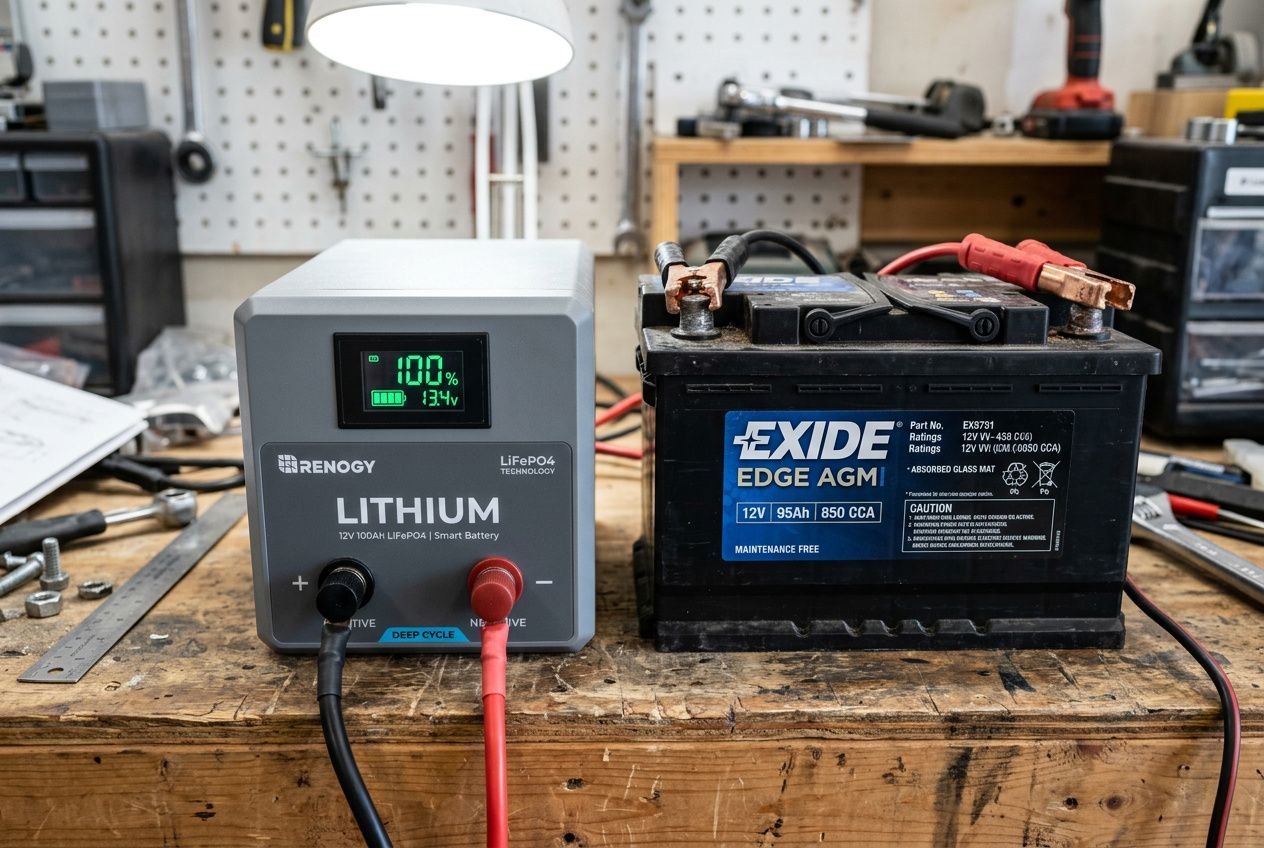 Pila al litio LiFePO4 e batteria Exide, test nello hobby shop: caricatore digitale mostra 100% su quadro, cavi rosso e nero collegati.