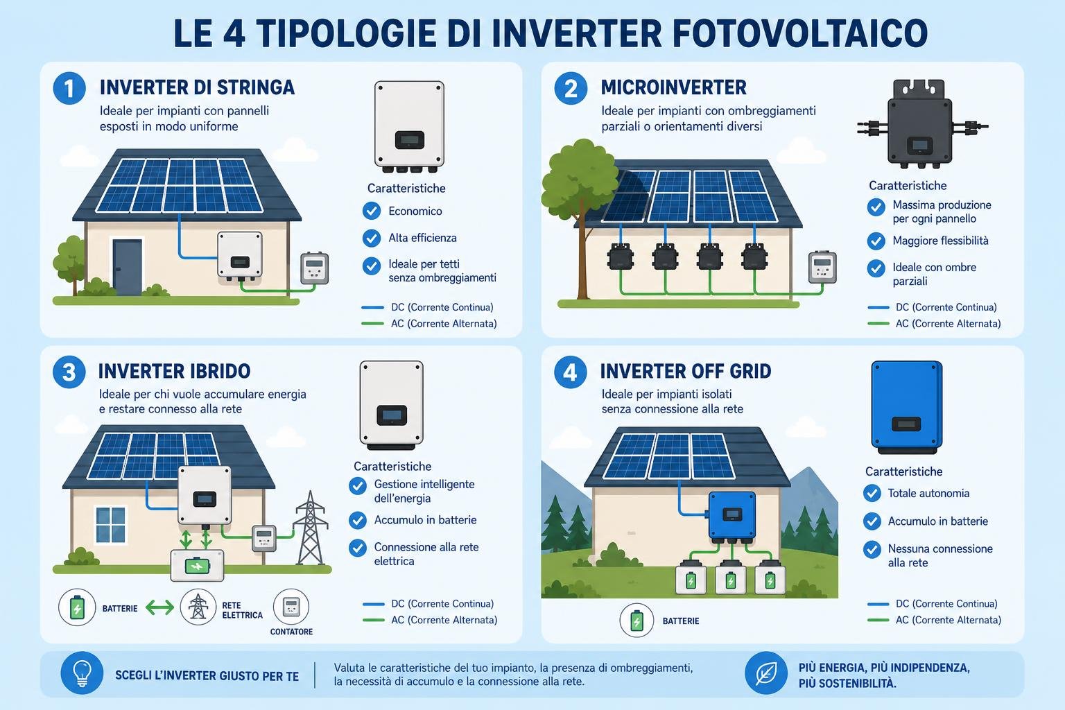 Le quattro tipologie di inverter fotovoltaico illustrate: stringa, microinverter, inverter ibrido e inverter off grid con pannelli solari e abbinamenti di componenti.