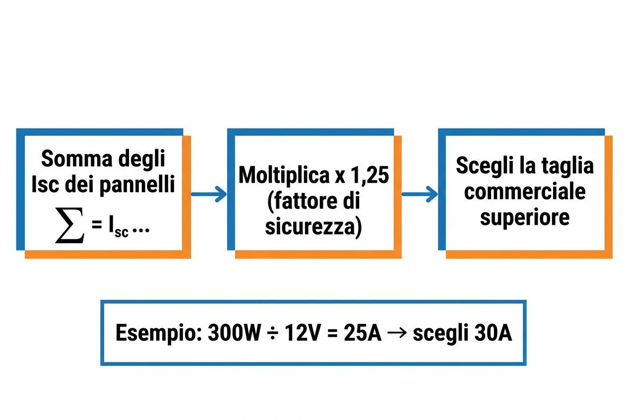 Schema illustrativo: come scegliere un regolatore di carica fotovoltaico, con calcolo corrente.