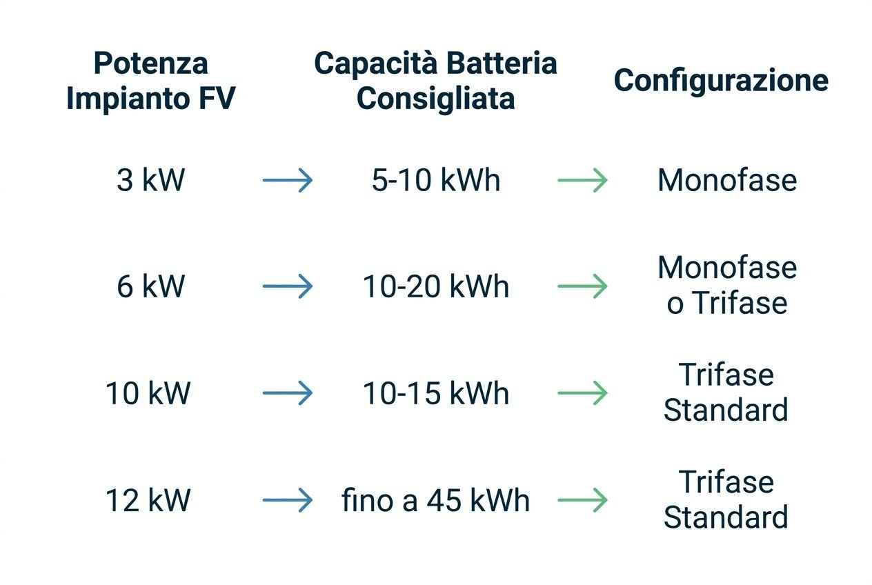 Schema di potenza impianto FV, capacità batteria consigliata e configurazione: 3 kW → 5–10 kWh, Monofase; 6 kW → 10–20 kWh, Monofase o Trifase; 10 kW → 10–15 kWh, Trifase Standard; 12 kW → fino a 45 kWh, Trifase Standard. Batterie accumulo fotovoltaico.