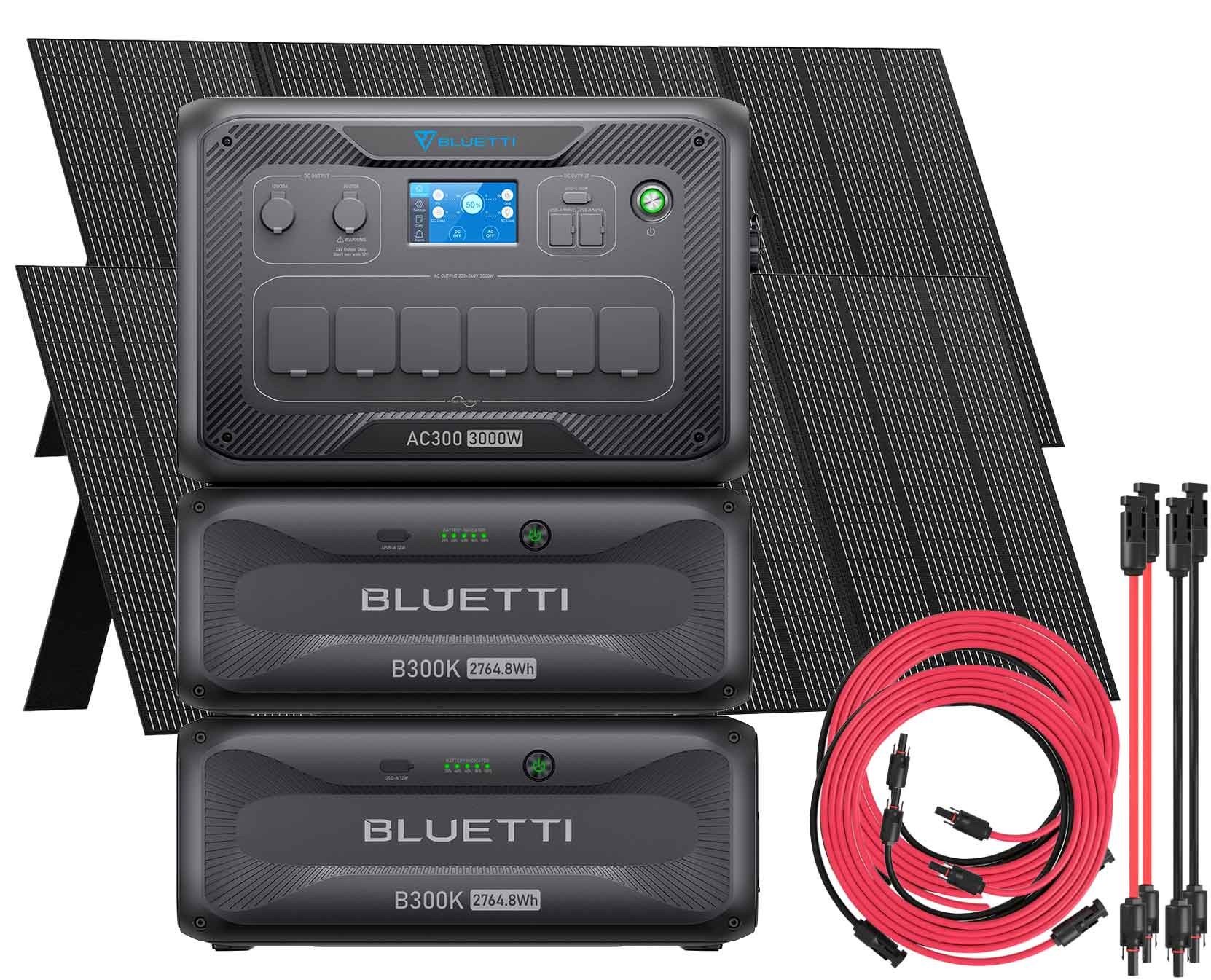 Sistema di batterie e inverter Bluetti con pannelli solari, cavi rossi e connettori: soluzione completa per pannelli solari prezzo e installazione.