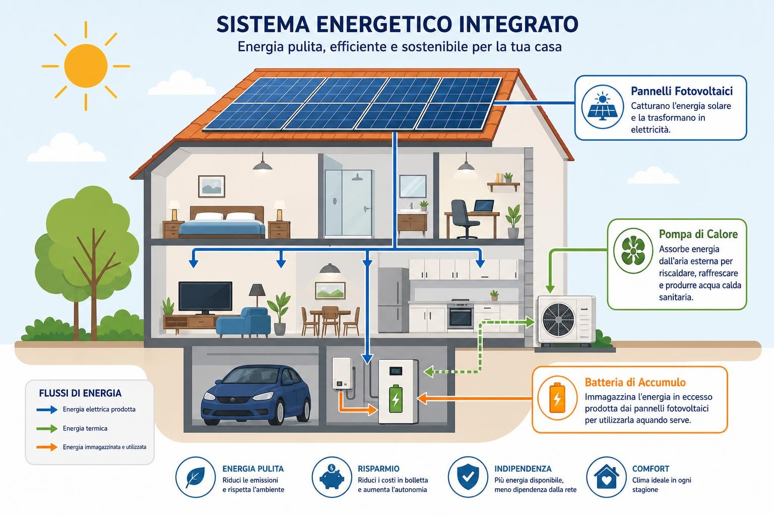 Sistema energetico integrato domestico: pannelli fotovoltaici, pompa di calore e batterie per indipendenza energetica domestica.