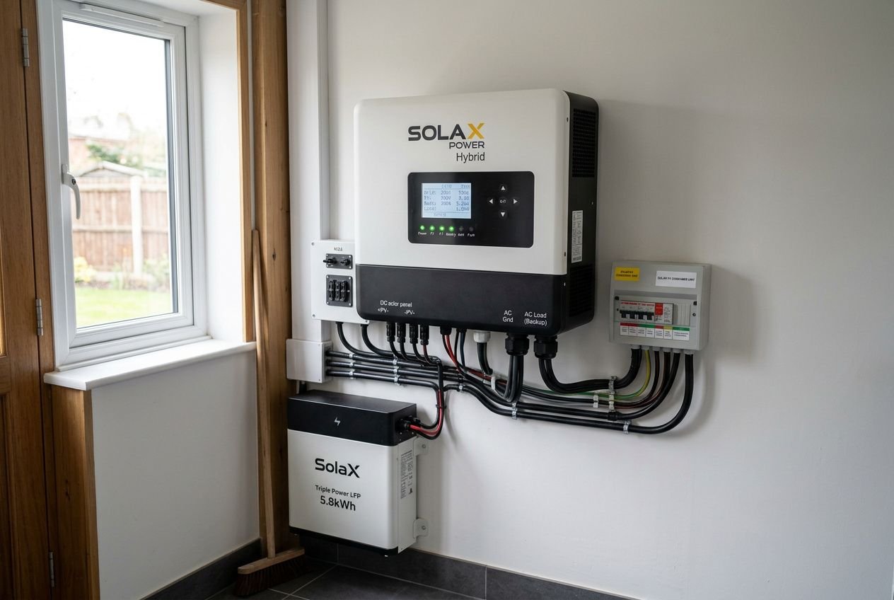 In this image si vede un inverter ibrido SolarX Power installato in una stanza, con cavi e quadri di controllo collegati a parete e un piccolo pannello di monitoraggio sul lato.